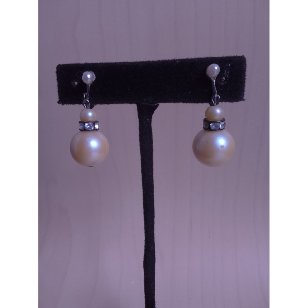 Vintage Faux Pearl Rhinestone Drop Earrings Screw Back Silver Tone Bridal Formal